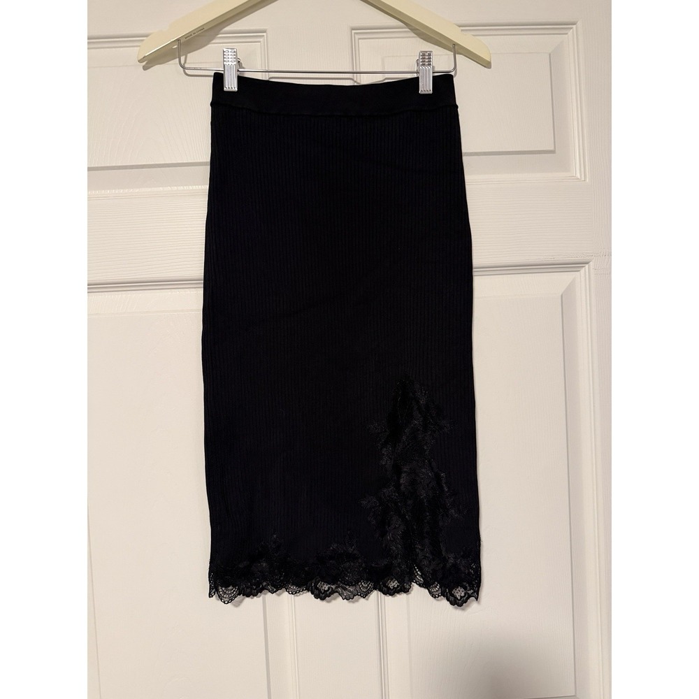 Bebe Y2K Lace Ribbed Black‎ Slit Straight Witchy Whimsigoth Festival Skirt
